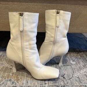 Zara Cream Square-Toe Mid-Calf Stiletto Boots